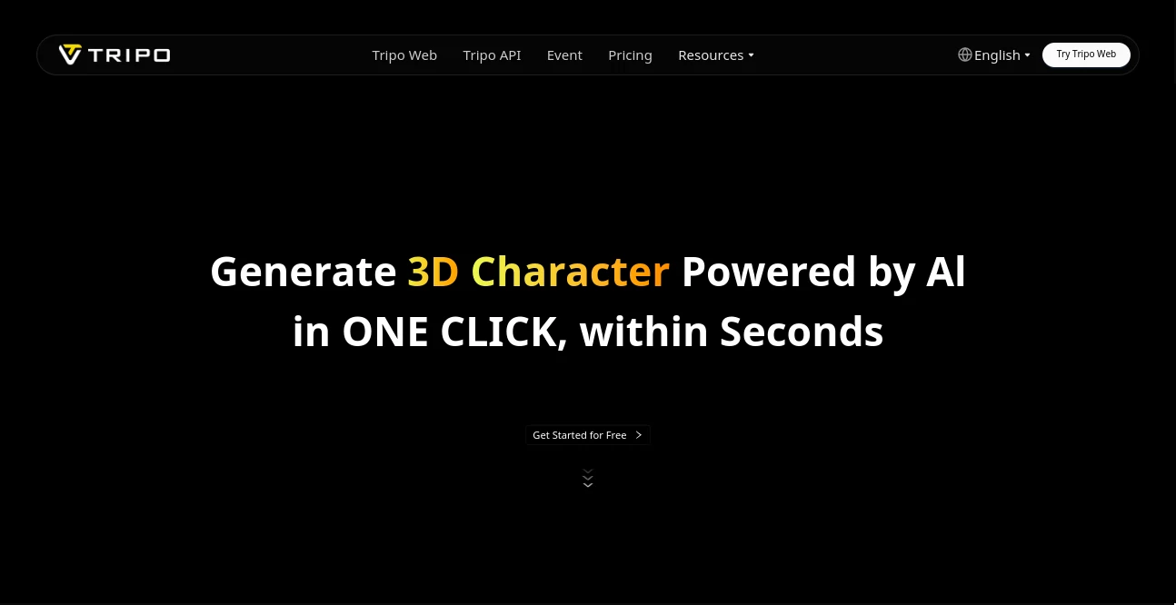 Screenshot of Tripo 3D – An AI tool in the ,AI 3D Model Generator ,AI Text to 3D ,AI Image to 3D Model ,AI Product Description Generator  category, showcasing its interface and key features.