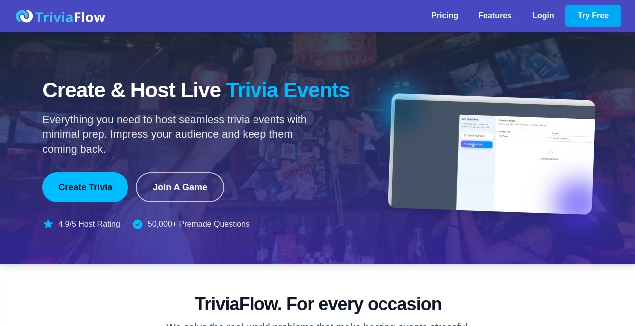 Screenshot of TriviaFlow – An AI tool in the ,AI Fun Tools ,AI Game ,AI Quizzes ,AI Education Assistant  category, showcasing its interface and key features.
