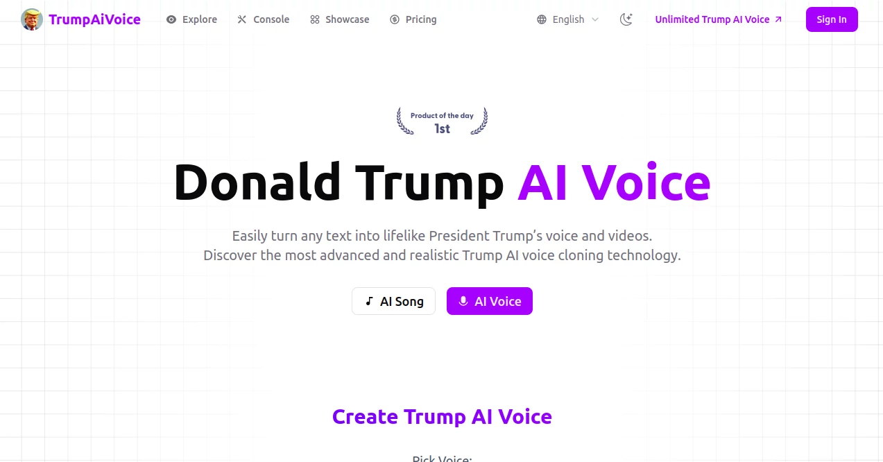Screenshot of Trump AI Voice – An AI tool in the ,AI Text to Speech ,AI Voice Chat Generator ,AI Celebrity Voice Generator  category, showcasing its interface and key features.