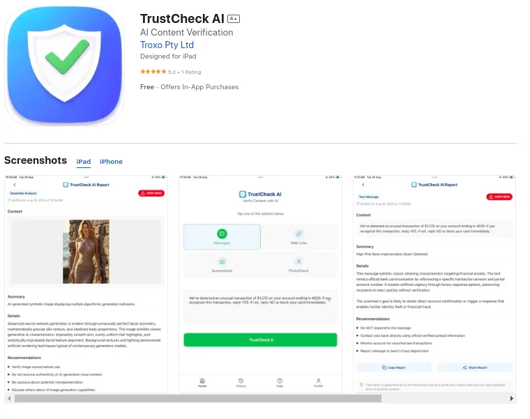 Screenshot of TrustCheck AI – An AI tool in the ,AI Checker Essay ,AI Plagiarism Checker ,AI Grammar Checker ,AI Content Detector  category, showcasing its interface and key features.