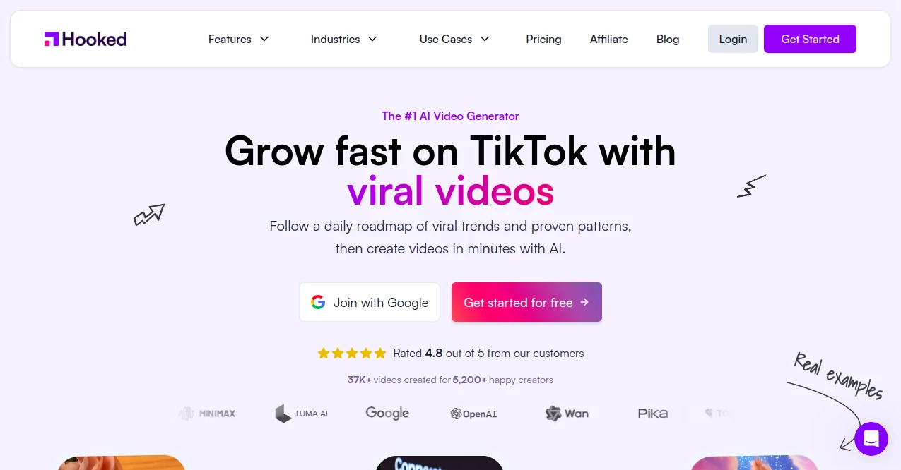 Screenshot of Hooked AI – An AI tool in the ,AI UGC Video Generator ,AI Video Generator ,AI Short Clips Generator ,AI Tiktok Assistant  category, showcasing its interface and key features.
