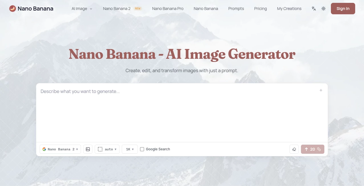 Screenshot of Nano Banana AI – An AI tool in the ,AI Photo & Image Generator ,AI Art Generator ,AI Design Generator ,AI Image to Image  category, showcasing its interface and key features.