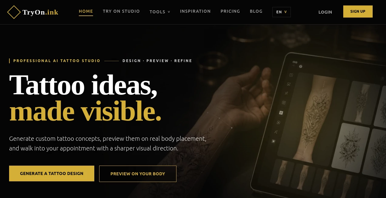 Screenshot of tryon.ink – An AI tool in the ,AI Photo & Image Generator ,AI Life Assistant ,AI Files Assistant  category, showcasing its interface and key features.