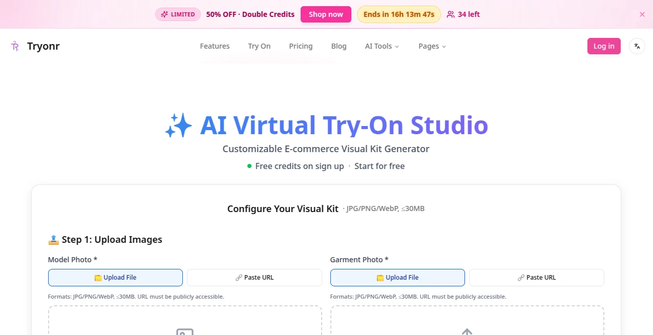 Screenshot of Tryonr – An AI tool in the ,AI Photo & Image Generator ,Photo & Image Editor ,AI Design Generator ,AI Clothing Generator  category, showcasing its interface and key features.