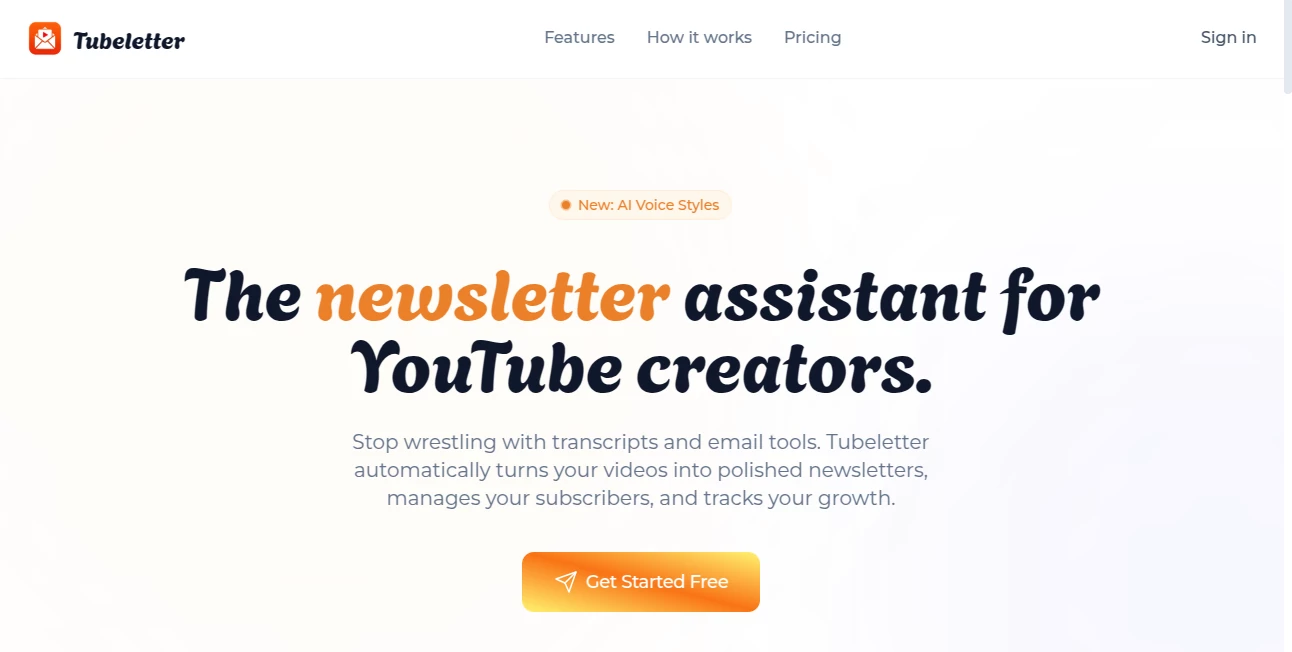 Screenshot of Tubeletter – An AI tool in the ,AI Content Generator ,AI YouTube Assistant ,AI Marketing Plan Generator ,AI Email Assistant  category, showcasing its interface and key features.