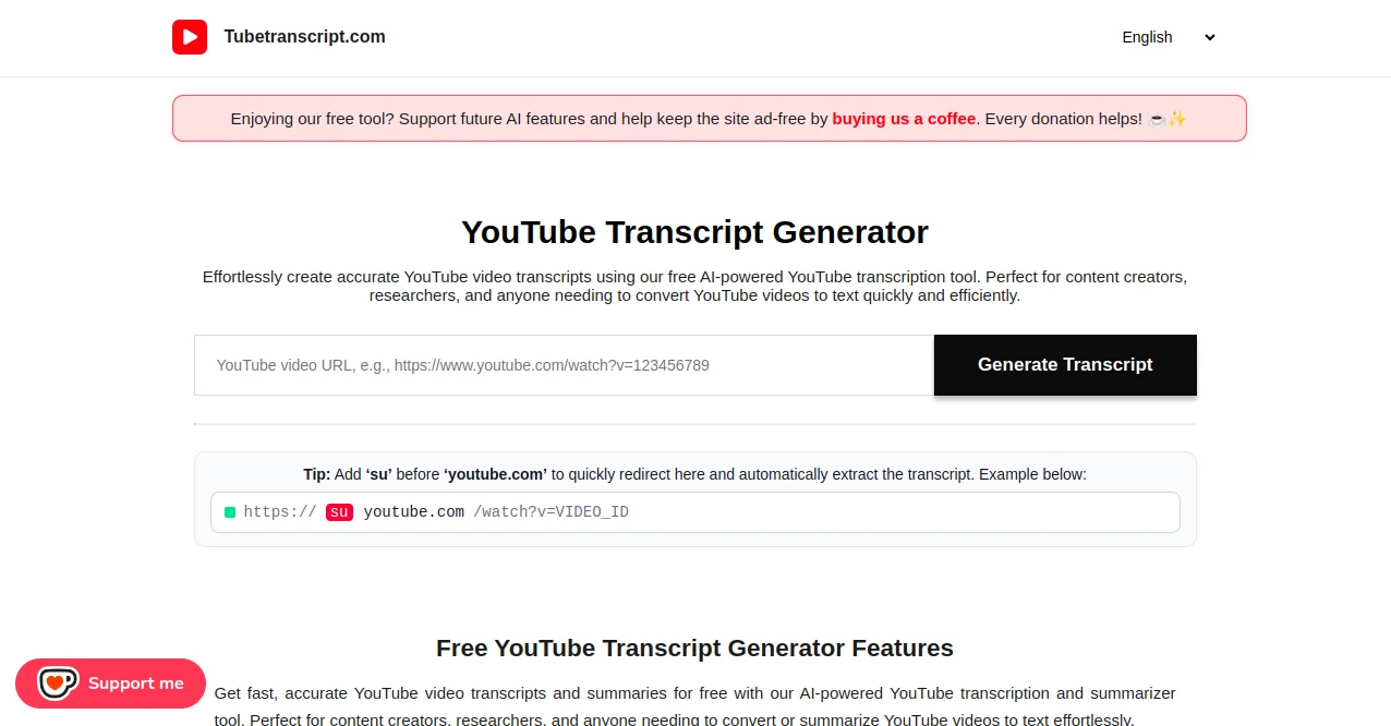 Screenshot of Tubetranscript – An AI tool in the ,AI Summarizer ,AI Transcription ,AI Speech to Text ,AI YouTube Assistant  category, showcasing its interface and key features.