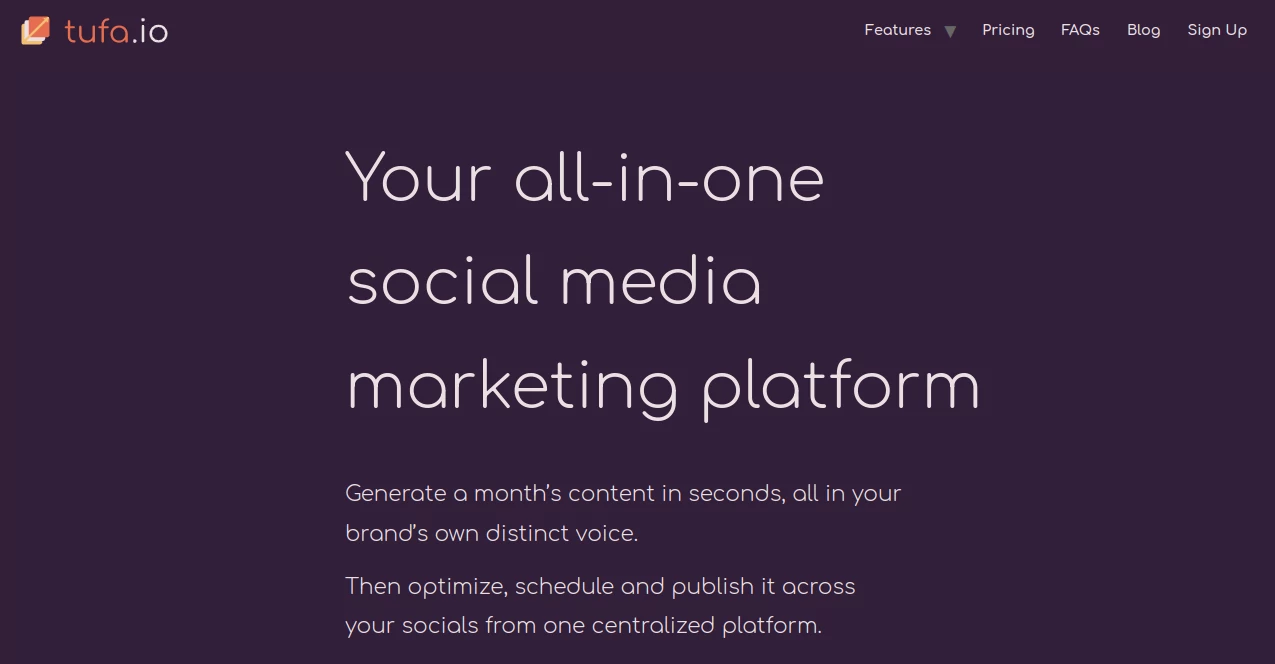 Screenshot of Tufa – An AI tool in the ,AI Content Generator ,AI Social Media Assistant ,AI Repurpose Assistant ,AI Ad Creative Assistant  category, showcasing its interface and key features.