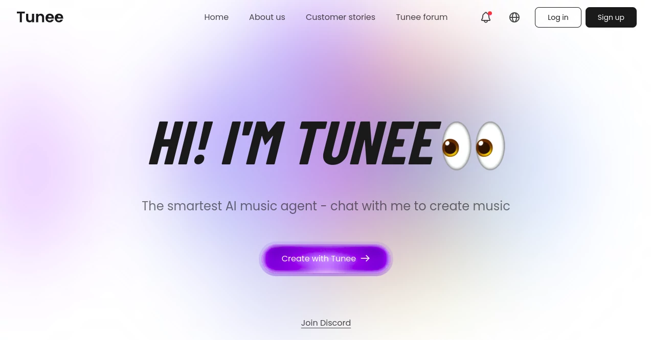 Screenshot of TUNEE – An AI tool in the ,AI Audio Enhancer ,AI Music Generator ,AI Text to Music ,AI Singing Generator  category, showcasing its interface and key features.