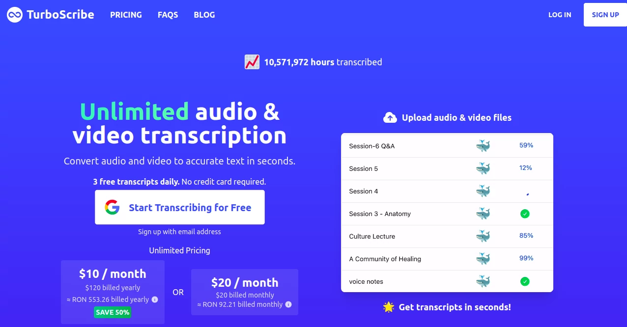 Screenshot of TurboScribe – An AI tool in the ,AI Document Extraction ,AI Speech to Text ,AI Speech Recognition ,AI Recording ,AI Transcription ,AI Transcriber ,AI Product Description Generator  category, showcasing its interface and key features.