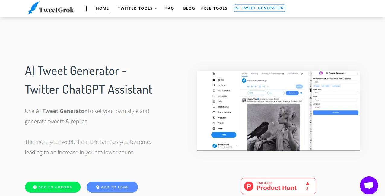 Screenshot of TweetGrok AI – An AI tool in the ,AI Content Generator ,AI Reply Assistant ,AI Social Media Assistant ,AI Hashtag Assistant  category, showcasing its interface and key features.