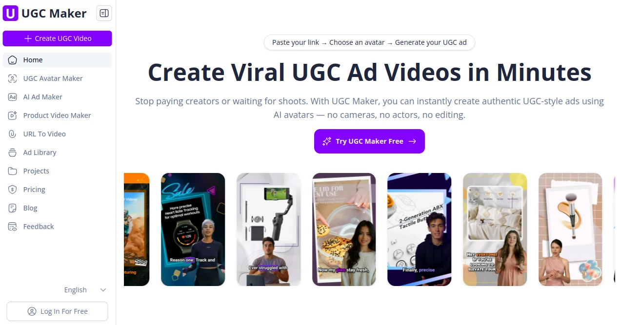 Screenshot of UGC Maker – An AI tool in the ,AI Script Writing ,AI UGC Video Generator ,AI Video Generator ,AI Ad Generator  category, showcasing its interface and key features.