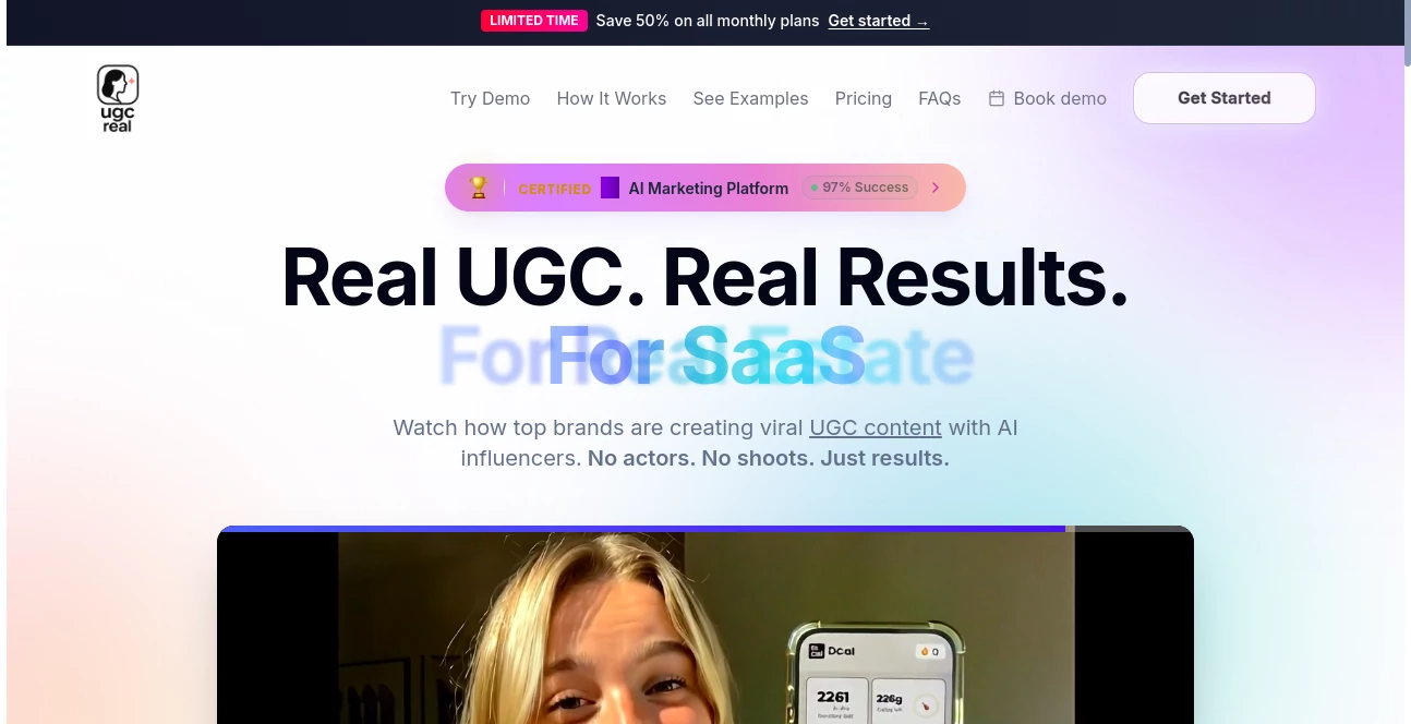 Screenshot of UGCReal – An AI tool in the ,AI UGC Video Generator ,AI Video Generator ,AI Ad Generator ,AI Marketing Plan Generator  category, showcasing its interface and key features.
