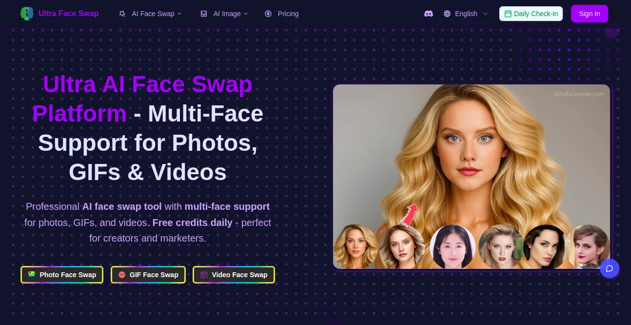 Screenshot of Ultra Face Swap – An AI tool in the ,Photo & Image Editor ,AI Video Editor ,AI Face Swap Generator ,AI Image to Image  category, showcasing its interface and key features.