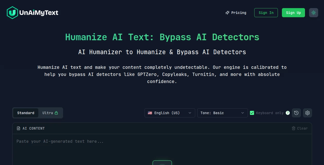 Screenshot of UnAIMyText – An AI tool in the ,AI Text to Image ,AI Photo & Image Generator ,AI Art Generator ,AI Design Generator  category, showcasing its interface and key features.