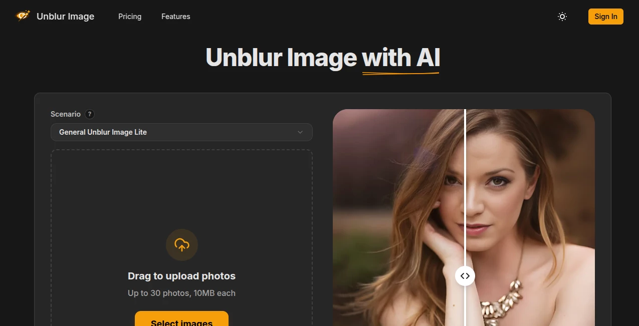 Screenshot of Unblur Image – An AI tool in the ,AI Photo & Image Generator ,AI Image Recognition ,Photo & Image Editor  category, showcasing its interface and key features.