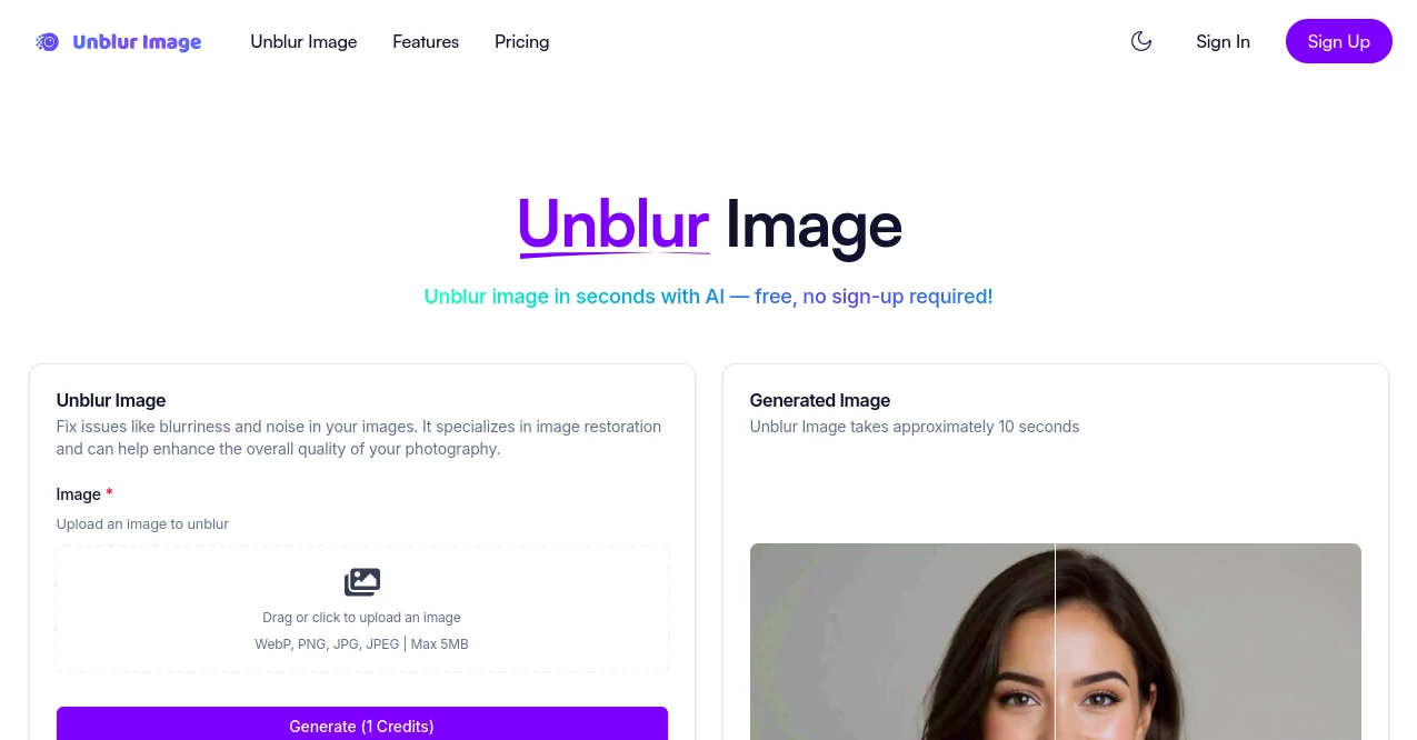 Screenshot of Unblur Image AI – An AI tool in the ,Photo & Image Editor ,AI Photo Enhancer ,AI Photo Restoration ,AI Image to Image  category, showcasing its interface and key features.