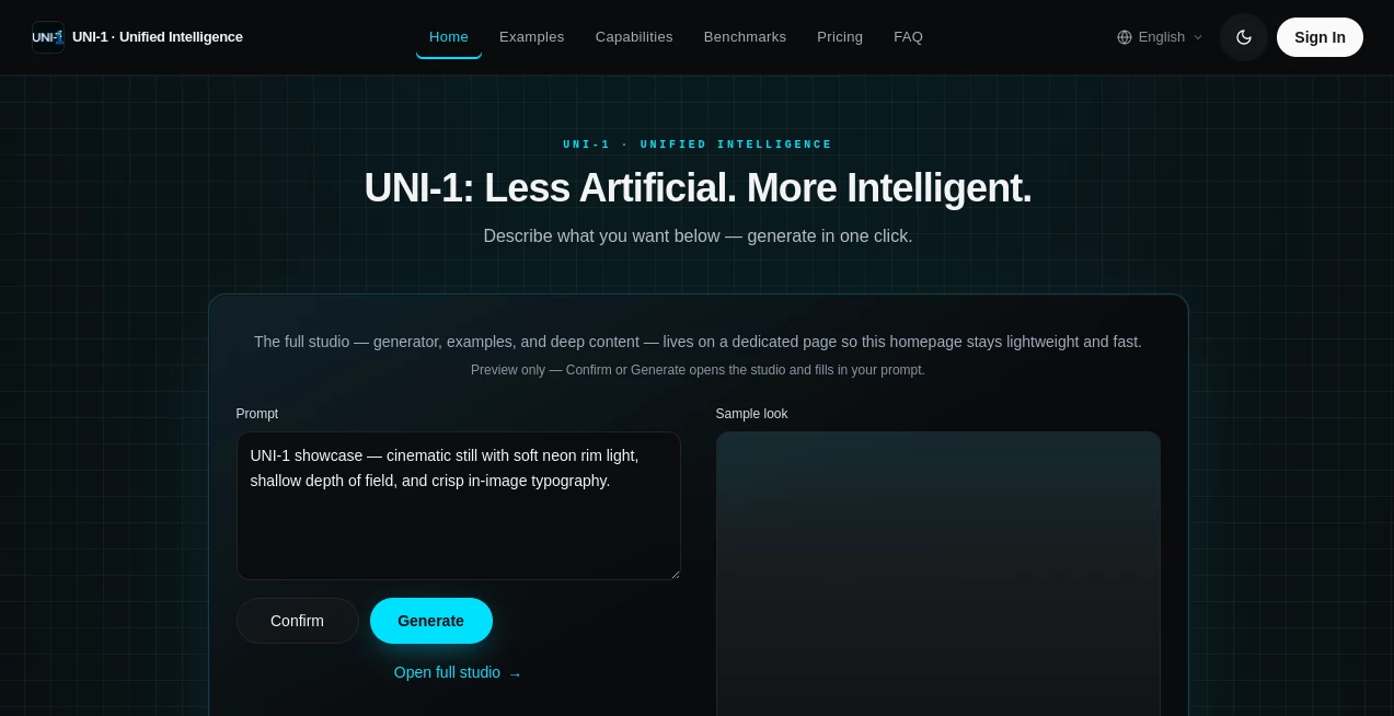 Screenshot of UNi-1 AI – An AI tool in the ,AI Photo & Image Generator ,AI Art Generator ,AI Design Generator ,AI Image to Image  category, showcasing its interface and key features.