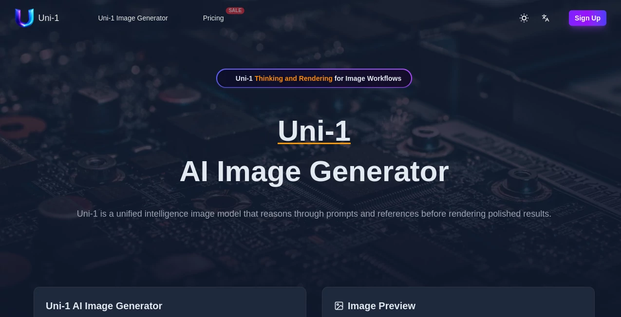 Screenshot of Uni-1 – An AI tool in the ,AI Art Generator ,AI Design Generator ,AI Image to Image ,AI Text to Image  category, showcasing its interface and key features.