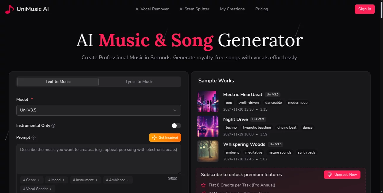 Screenshot of UniMusic AI – An AI tool in the ,AI Lyrics Generator ,AI Music Generator ,AI Text to Music ,AI Singing Generator  category, showcasing its interface and key features.