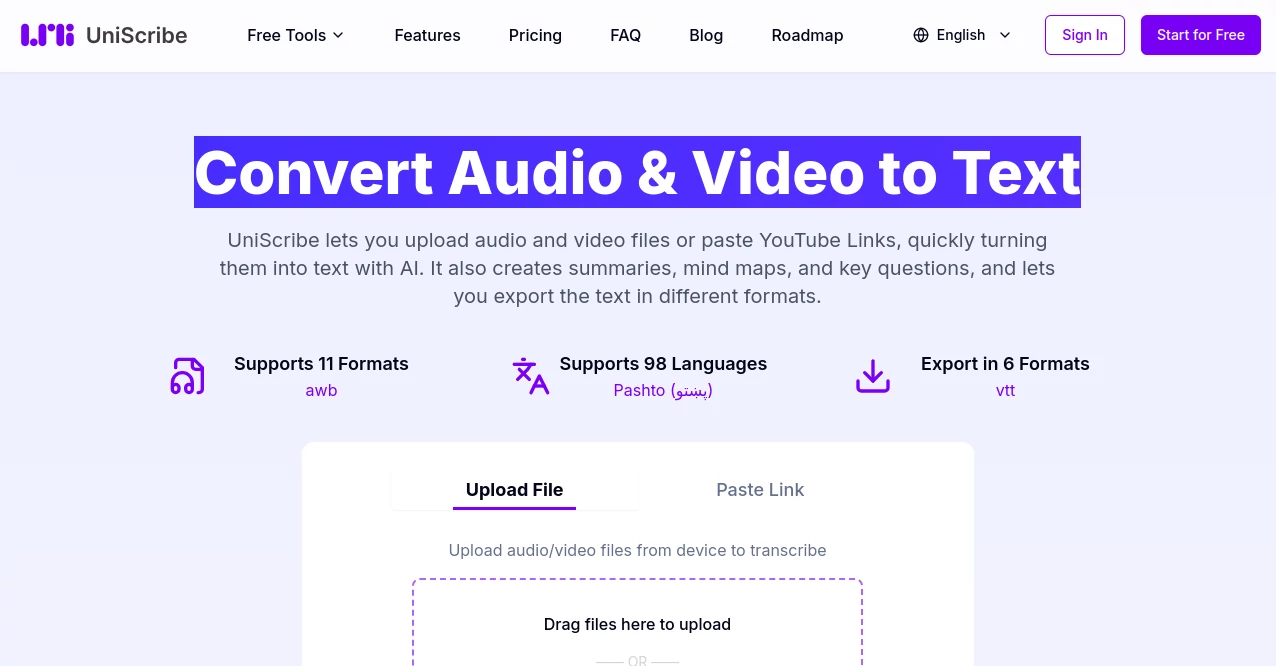 Screenshot of UniScribe – An AI tool in the ,AI Transcription  category, showcasing its interface and key features.