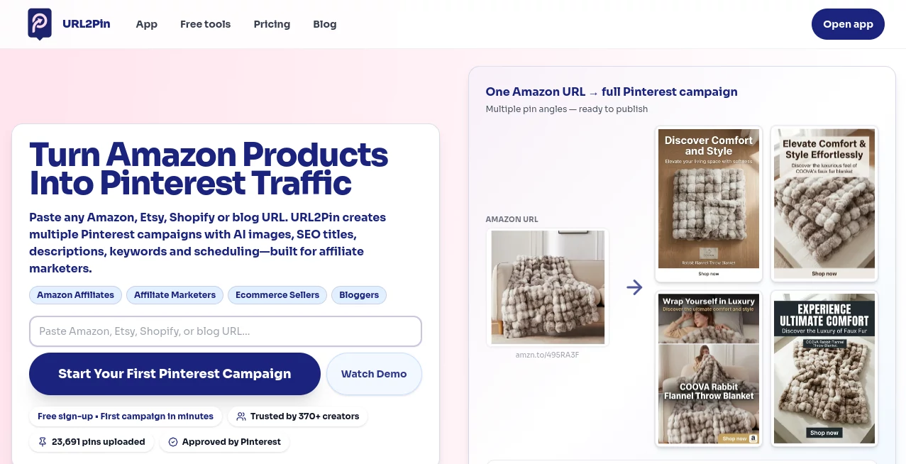 Screenshot of URL2Pin – An AI tool in the ,AI SEO Assistant ,AI Content Generator ,AI Social Media Assistant ,AI Marketing Plan Generator  category, showcasing its interface and key features.