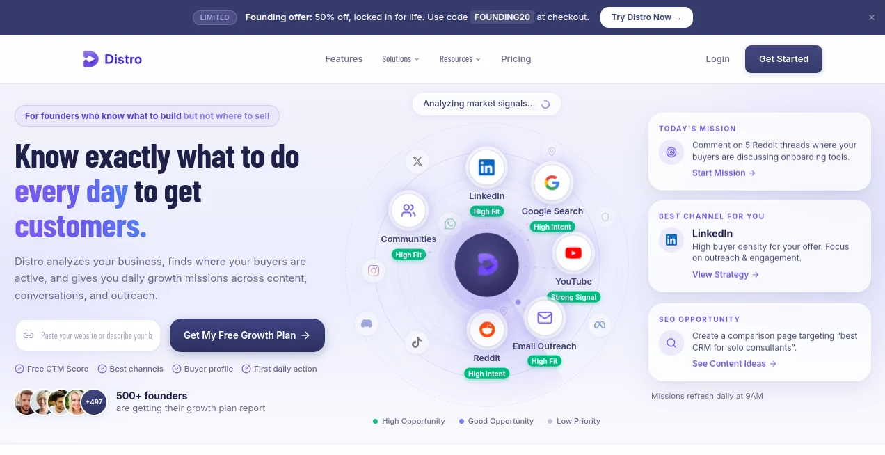 Screenshot of Distro – An AI tool in the ,AI Business Ideas Generator ,AI Social Media Assistant ,AI Marketing Plan Generator ,AI Lead Generation  category, showcasing its interface and key features.