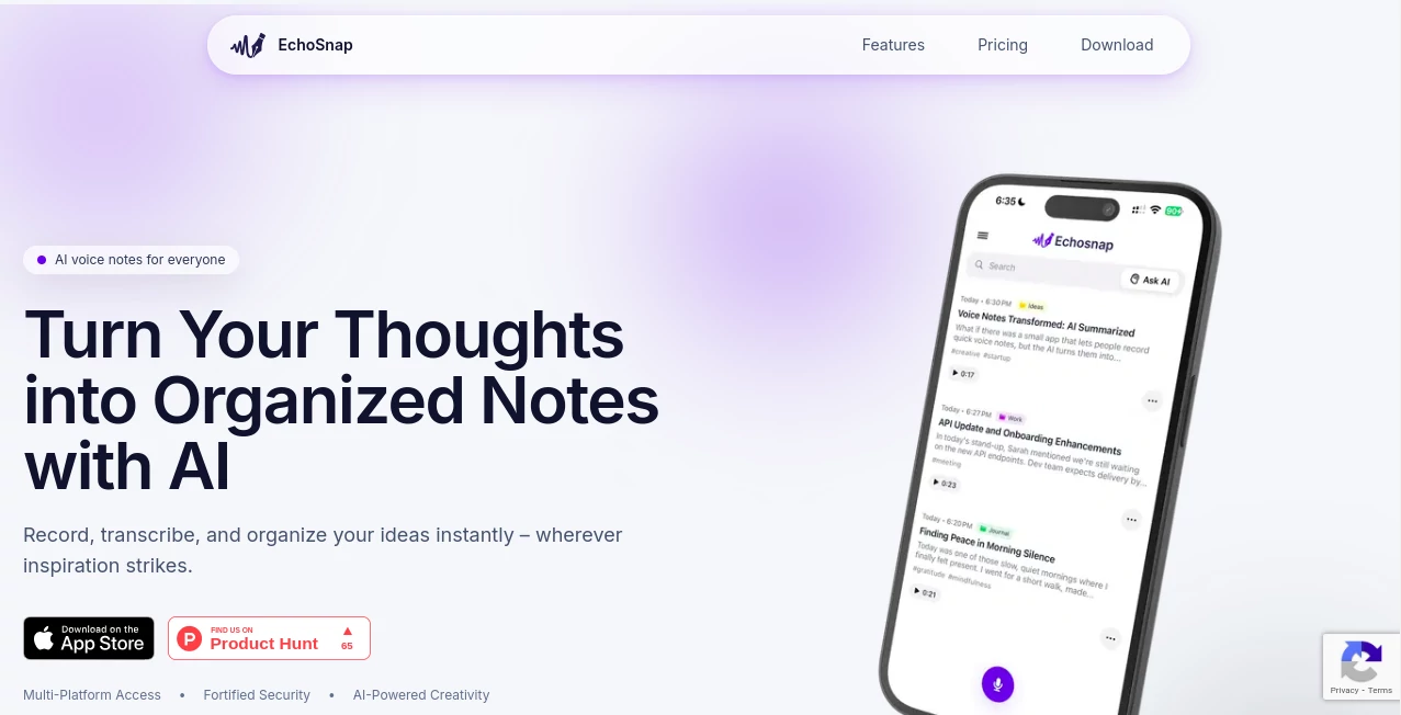 Screenshot of EchoSnap – An AI tool in the ,AI Summarizer ,AI Transcriber ,AI Speech to Text ,AI Notes Assistant  category, showcasing its interface and key features.