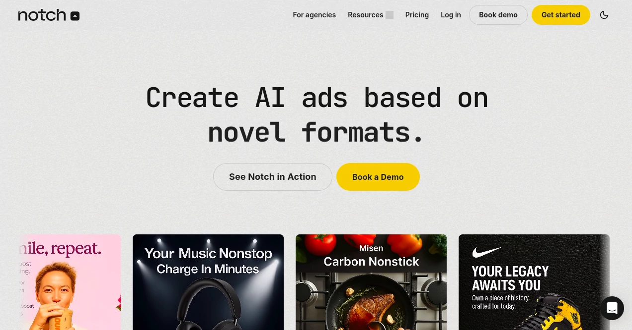 Screenshot of Notch AI – An AI tool in the ,AI Ad Creative Assistant ,AI Ad Generator ,AI Marketing Plan Generator ,AI Digital Marketing Generator  category, showcasing its interface and key features.