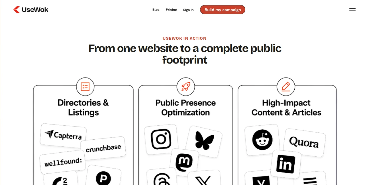 Screenshot of UseWok – An AI tool in the ,AI SEO Assistant ,AI Digital Marketing Generator ,AI Research Tool ,AI Analytics Assistant  category, showcasing its interface and key features.