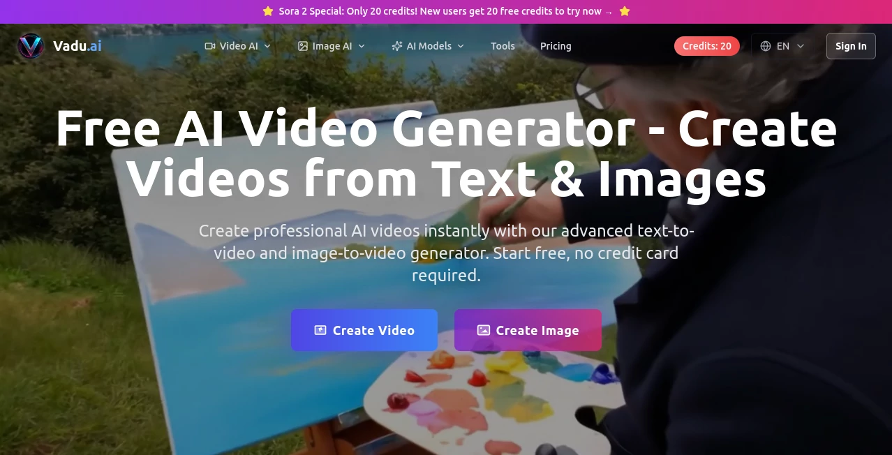 Screenshot of Vadu.ai – An AI tool in the ,AI Text to Image ,AI Image to Video ,AI Text to Video ,AI Video Generator  category, showcasing its interface and key features.
