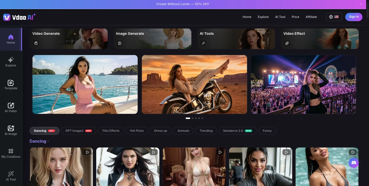 Screenshot of Vdoo AI – An AI tool in the ,AI Animated Video ,AI Image to Video ,AI Text to Video ,AI Video Generator  category, showcasing its interface and key features.