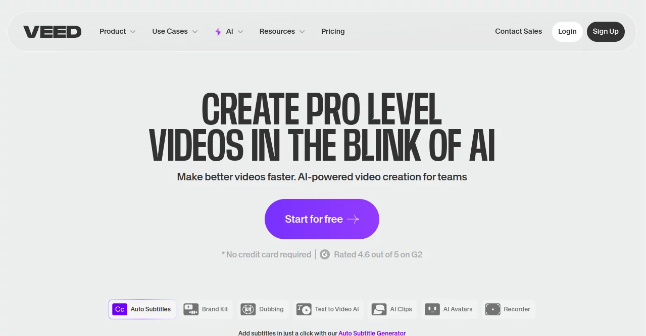 Screenshot of VEED – An AI tool in the ,AI Captions or Subtitle ,AI Transcription ,AI Video Editor ,AI Video Enhancer  category, showcasing its interface and key features.