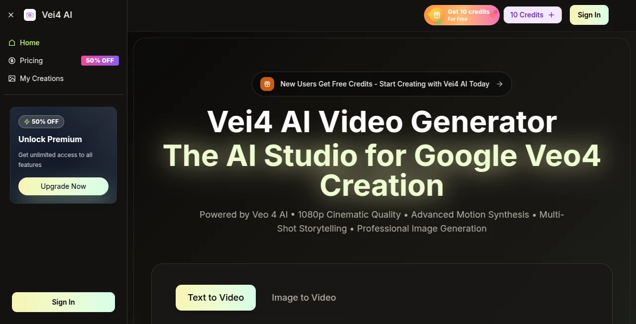Screenshot of vei4 ai – An AI tool in the ,AI Animated Video ,AI Image to Video ,AI Video Generator ,AI Text to Video  category, showcasing its interface and key features.