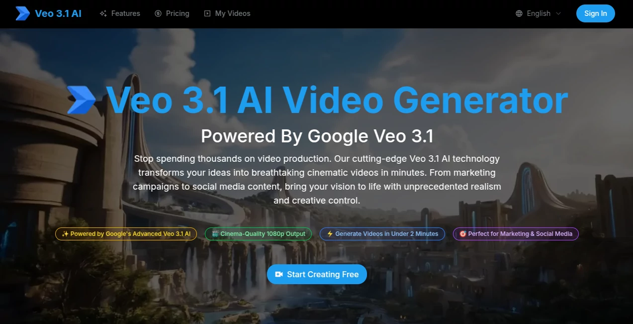 Screenshot of Veo 3.1 – An AI tool in the ,AI Animated Video ,AI Image to Video ,AI Video Generator ,AI Text to Video  category, showcasing its interface and key features.