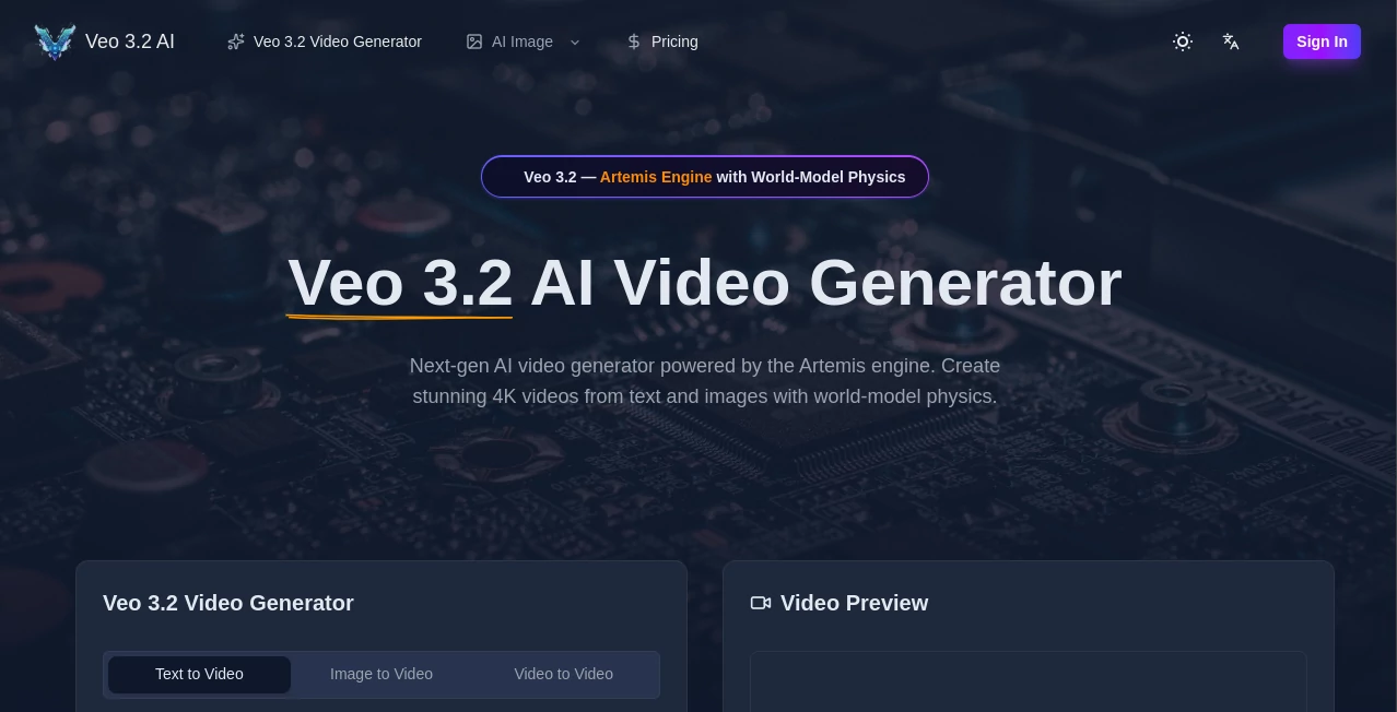 Screenshot of Veo 3.2 – An AI tool in the ,AI Animated Video ,AI Image to Video ,AI Text to Video ,AI Video Generator  category, showcasing its interface and key features.