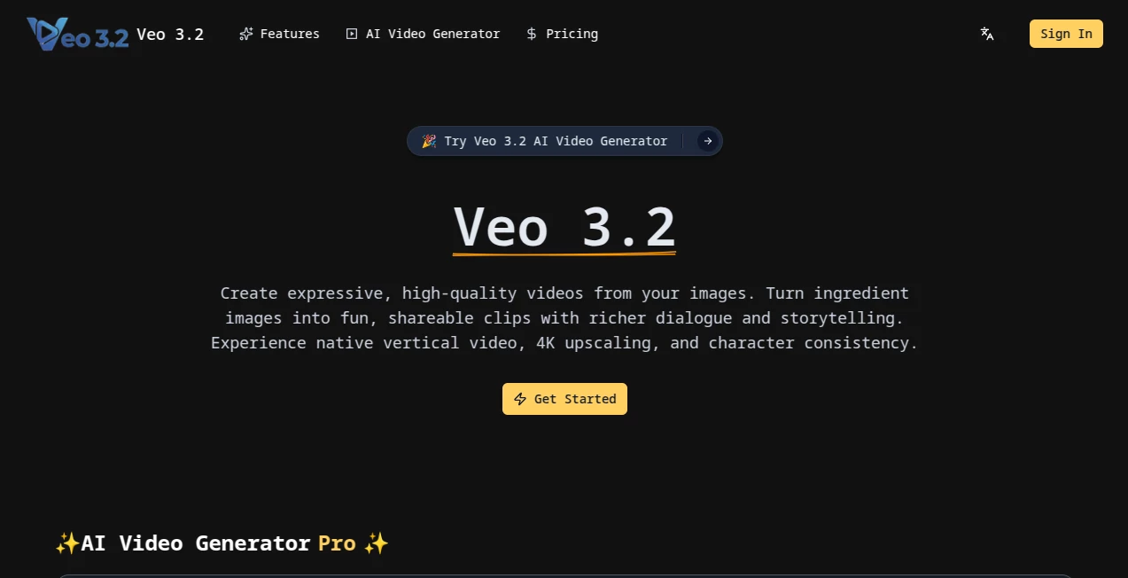 Screenshot of Veo 3.2 – An AI tool in the ,AI Animated Video ,AI Image to Video ,AI Video Generator ,AI Text to Video  category, showcasing its interface and key features.
