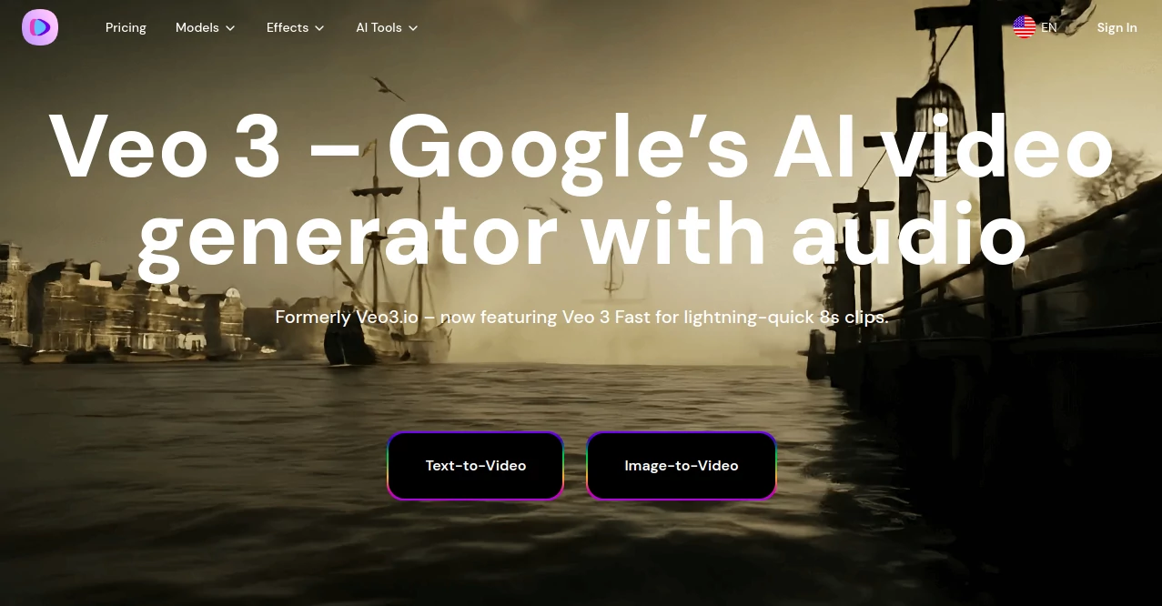 Screenshot of Veo 3 AI Video Generator – An AI tool in the ,AI Image to Video ,AI Video Editor ,AI Video Generator ,AI Text to Video  category, showcasing its interface and key features.