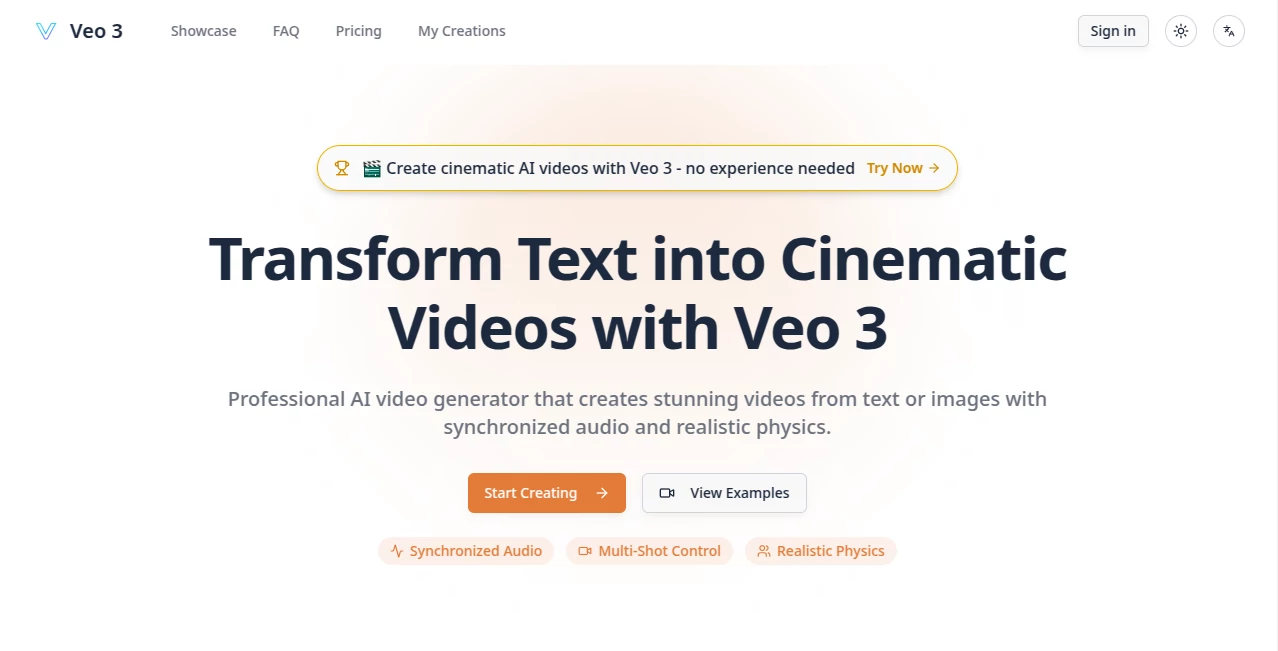Screenshot of Veo 3 – An AI tool in the ,AI Animated Video ,AI Image to Video ,AI Video Generator ,AI Text to Video  category, showcasing its interface and key features.