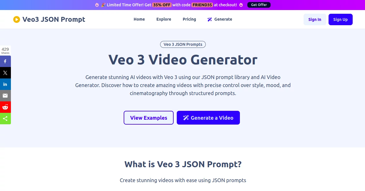 Screenshot of Veo3 JSON Prompt – An AI tool in the ,AI Animated Video ,AI Text to Video ,AI Video Generator ,Prompt  category, showcasing its interface and key features.