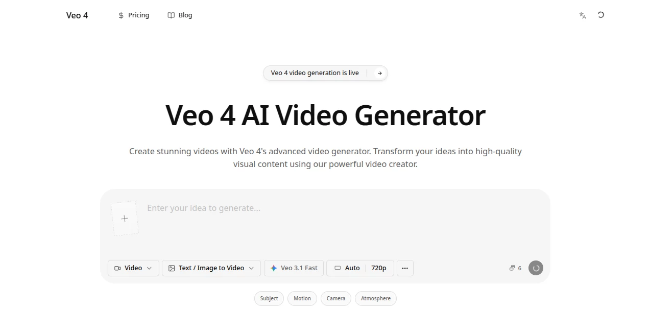 Screenshot of Veo 4 – An AI tool in the ,AI Animated Video ,AI Image to Video ,AI Video Generator ,AI Text to Video  category, showcasing its interface and key features.