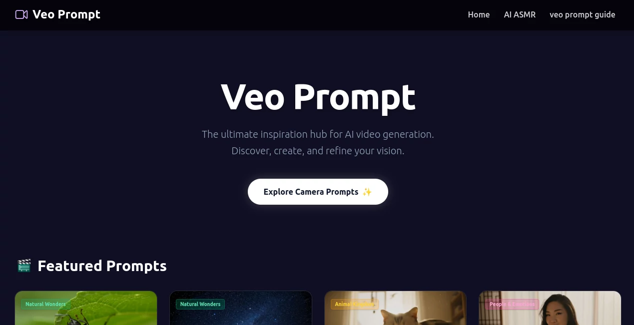 Screenshot of Veo Prompt – An AI tool in the ,AI Content Generator ,AI Text to Video ,AI Video Generator ,Prompt  category, showcasing its interface and key features.