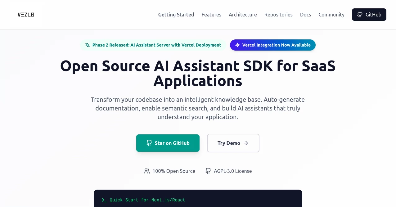 Screenshot of Vezlo – An AI tool in the ,AI Code Assistant ,AI Code Explanation ,AI Code Refactoring ,AI Developer Tools  category, showcasing its interface and key features.