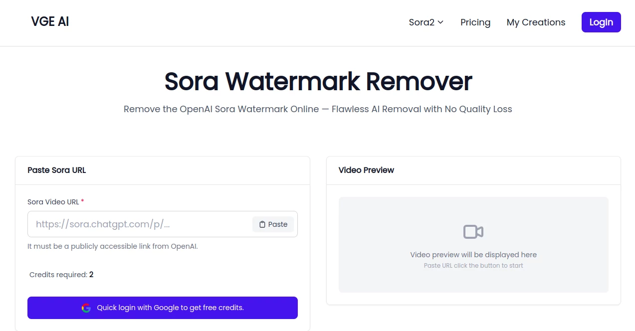 Screenshot of VGE AI - Sora Watermark Remover – An AI tool in the ,AI Video Editor ,AI Video Enhancer ,AI Video to Video  category, showcasing its interface and key features.