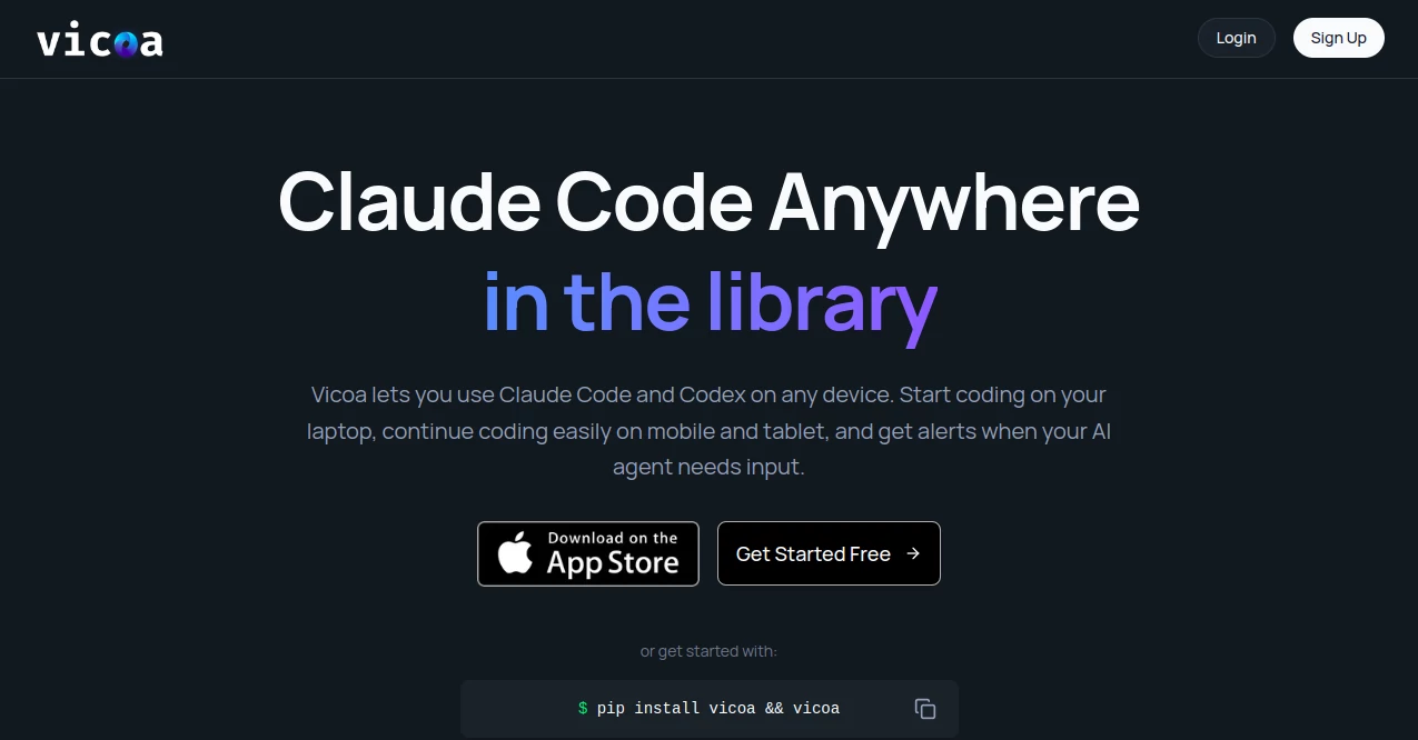 Screenshot of Vicoa – An AI tool in the ,AI No-Code & Low-Code ,AI Code Assistant ,AI Code Generator ,AI Developer Tools  category, showcasing its interface and key features.