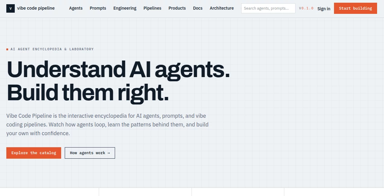 Screenshot of Vibe Code Pipeline – An AI tool in the ,AI Tutorial ,Large Language Models (LLMs) ,Prompt ,AI Developer Tools  category, showcasing its interface and key features.