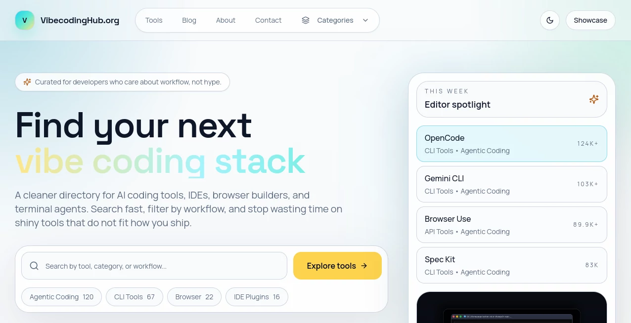 Screenshot of Vibe Coding Hub – An AI tool in the ,AI Code Assistant ,AI Developer Docs ,AI Developer Tools ,AI Productivity Tools  category, showcasing its interface and key features.