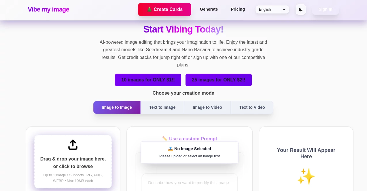 Screenshot of Vibe my image – An AI tool in the ,Photo & Image Editor ,AI Photo Enhancer ,AI Image to Image ,AI Art Generator  category, showcasing its interface and key features.