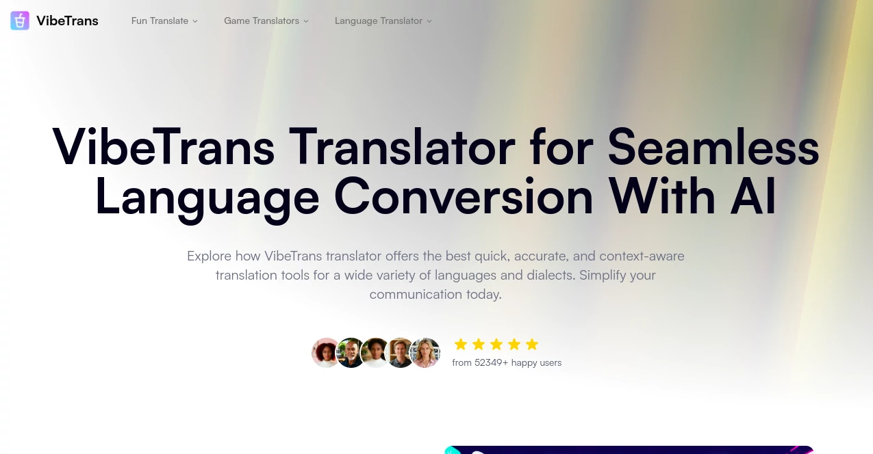 Screenshot of VibeTrans – An AI tool in the ,AI Translate ,AI Text to Speech ,AI Life Assistant ,AI Fun Tools  category, showcasing its interface and key features.