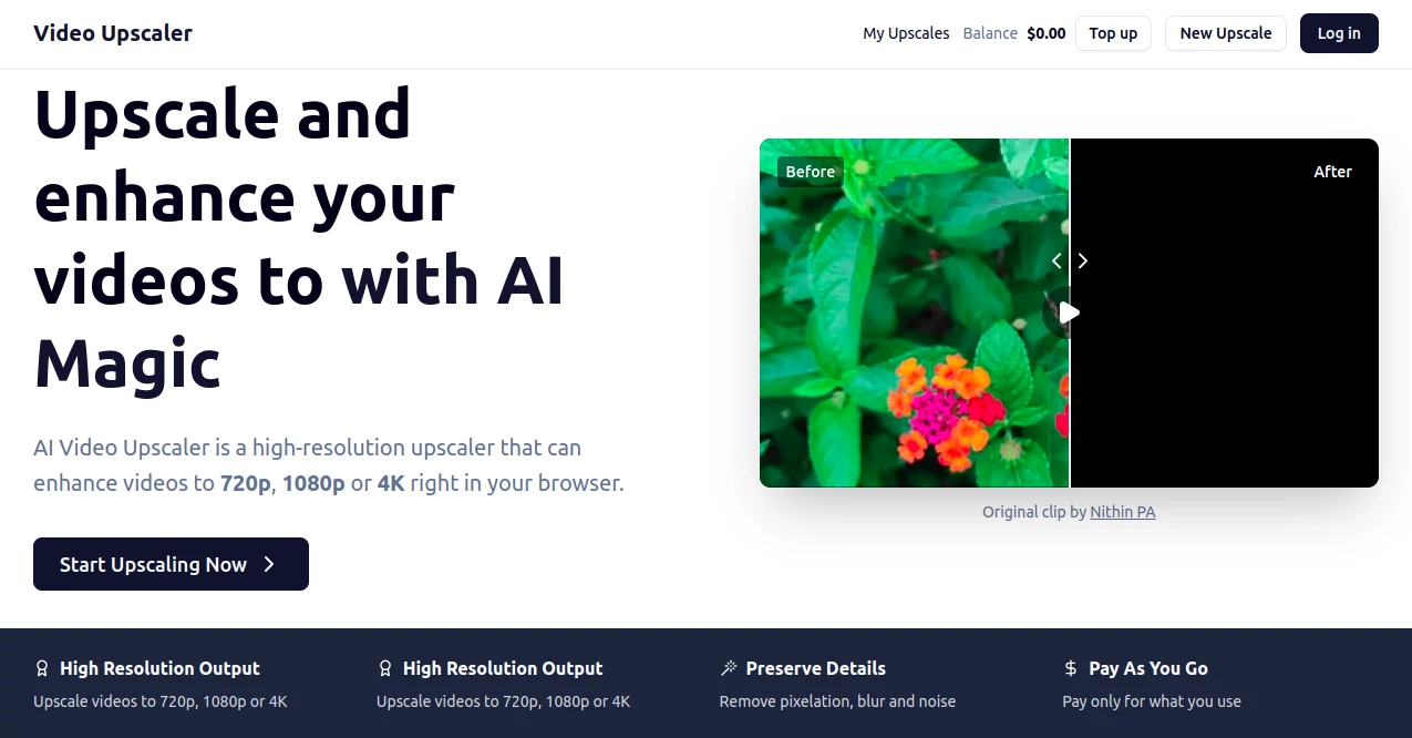 Screenshot of Video Upscaler – An AI tool in the ,AI Video Editor ,AI Video Enhancer ,AI Video Generator  category, showcasing its interface and key features.