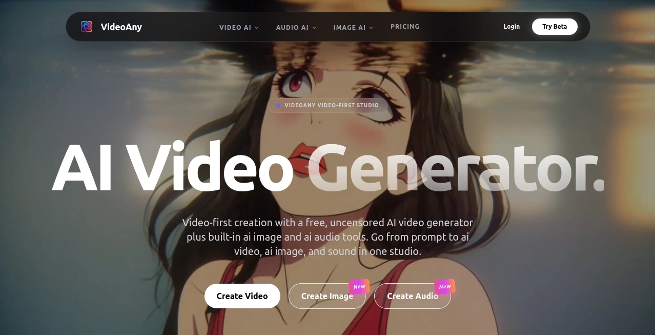 Screenshot of Video Any – An AI tool in the ,AI Animated Video ,AI Image to Video ,AI Text to Video ,AI Video Generator  category, showcasing its interface and key features.